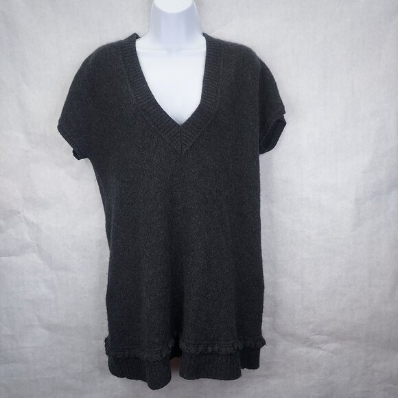 Leslie Fay Cashmere Sweater M Tunic Ruffle Hem Short Sleeve Dark Grey Mini Dress - Picture 1 of 10